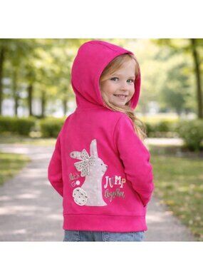 Benetton Girls Fuchsia Zip-Up Hoodie Size 4 - 5 Yrs Bunny Patch Back Casual